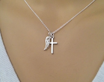 Angel wing necklace - Cross necklace - Godmother gift - Guardian angel - DAINTY sterling silver