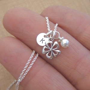 Dainty flower girl necklace - Tiny initial and birthstone with flower charm - Plumeria, Daisy, flower necklace