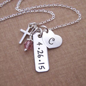 Girl&#39;s Cross, Initial, Date, and birthstone Necklace - First Communion Necklace - Sterling silver charm necklace -  Personalized jewelry