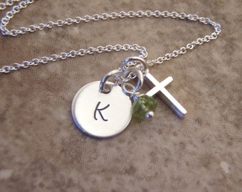 Personalized cross necklace - Dainty cross, Initial charm and tiny genuine birthstone - Sterling silver small minimal necklace