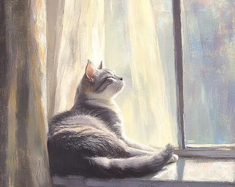 May include: A gray tabby cat with green eyes sits on a windowsill, basking in the sunlight streaming through a window. The cat is looking up and out the window, with its eyes closed.