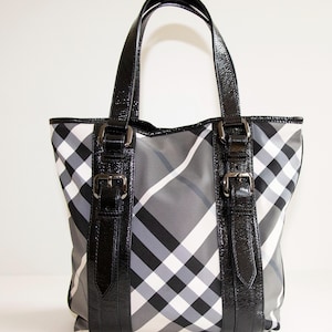Burberry Black & White Nylon Tote in Very Good Condition