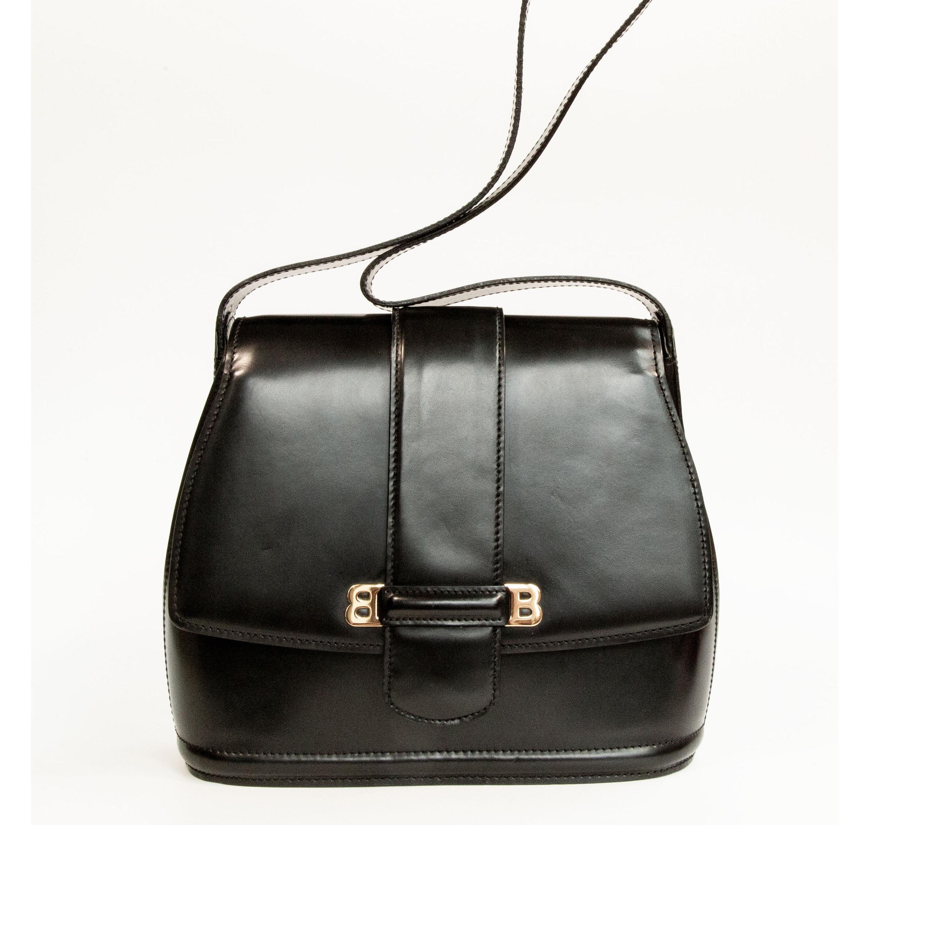 Vintage Bally Double B Shoulder Bag in Black Leather in Very Good