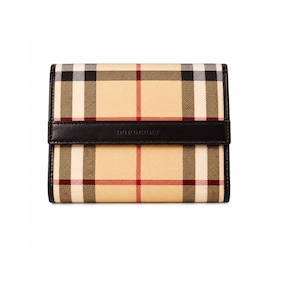 May include: A bi-fold wallet featuring the iconic beige, black, white, and red tartan check pattern. The wallet has a horizontal black leather strap across the center with the brand name Burberry embossed in a subtle, matching black font.
