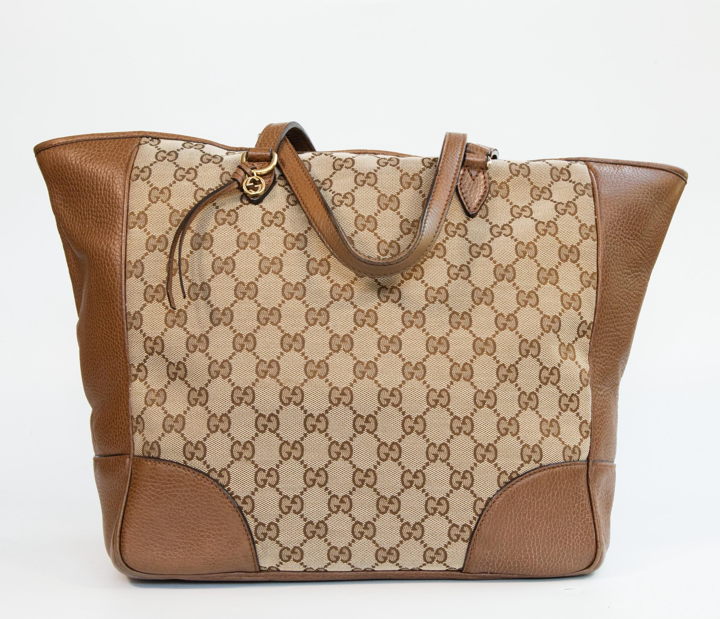 Gucci GG Canvas and Brown Leather Tote Bag in Good Vintage