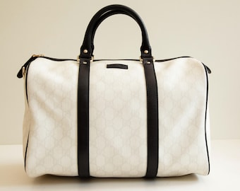 Gucci White Medium Joy Boston Bag White Coated Canvas with Black Leather Trim in Very Good Vintage Condition