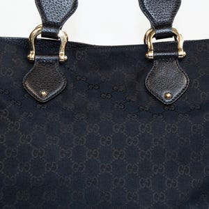 May include: Black tote bag with a repeating pattern. The bag has two handles with gold-colored hardware and leather accents. The bag's material has a subtle texture, and the overall design is classic and elegant.