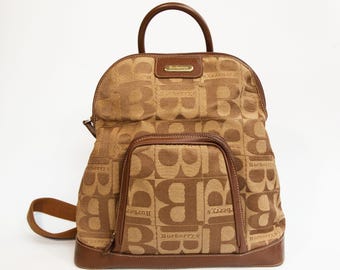 burberry monogram leather backpack Burberry Backpack in Brown/beige Fabric With Burberry Logo and Brown Leather  Trim