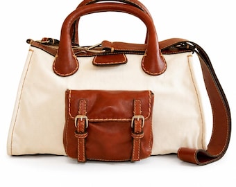Chloe Edith Medium Tote Bag Two Way Bag Axelväska med Topphandtag i Vit Canvas och Brunt Läder Mycket Gott Vintage Skick