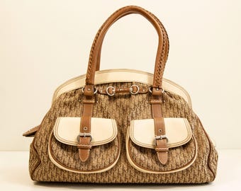 Dior Diorissimo Cloth Beige Canvas and Leather Detective  Frame Satchel Bag Silver Hardware in Very Good Condition