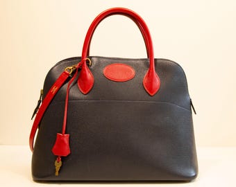 Hermes Bolide 35 Handbag in Textured Navy Blue Leather with Red Leather Finish in Very Good Vintage Condition