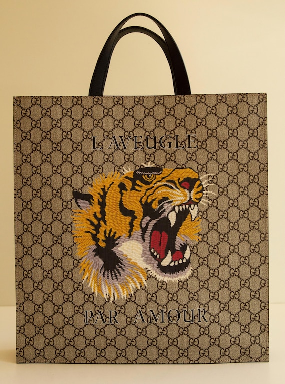 Buy Gucci Beige Brown Guccissima Coated Canvas Tiger Tote Bag in