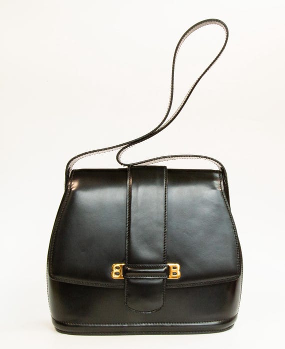 Vintage Bally Double B Shoulder Bag in Black Leather in Very Good