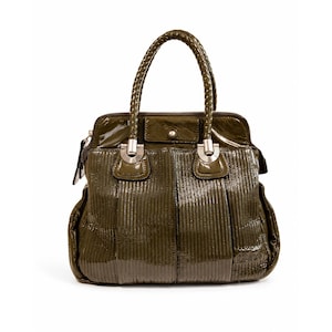 May include: An olive green patent leather handbag featuring a glossy, vertically ribbed texture. The bag includes two braided top handles attached with silver-toned metal hardware, a zipped top closure, and a small rectangular flap pocket on the front.