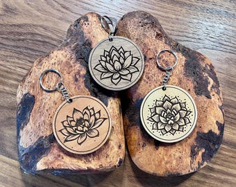 Handcrafted Lotus Flower Wood Keychains - Set of 10 designs to choose from