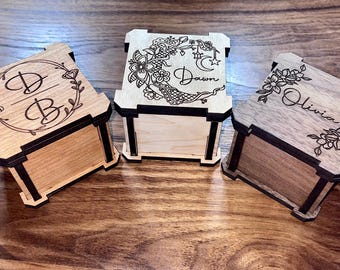 Handcrafted Miniature Wooden Box - Personalized choices with 11 Unique Lid Designs - 3x3x3 inches