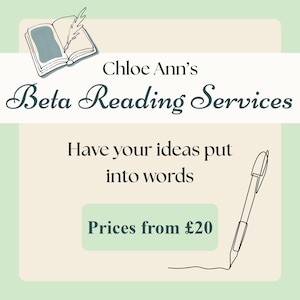 Puede incluir: Un gráfico rectangular con borde verde claro y centro crema que presenta una ilustración de un libro abierto con una pluma. El texto dice: Chloe Ann's Beta Reading Services, Have your ideas put into words, con un dibujo de un bolígrafo.