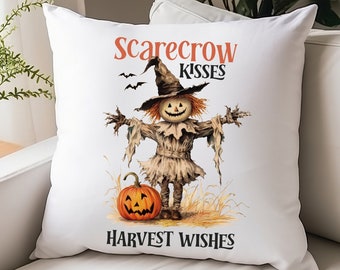 Fall Pillow Cover, Home Decore, Scarecrow Kisses Pillowcase, Square Autumn-Themed Cushion Cover, Thanksgiving Gift.