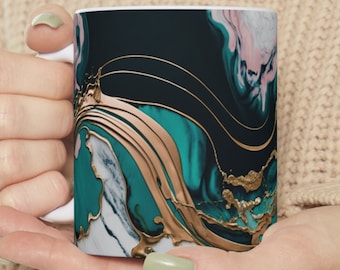 Decorative Mug, Marble Cup, Unique mug, Girly Luxury gift, Pink and teal marble.