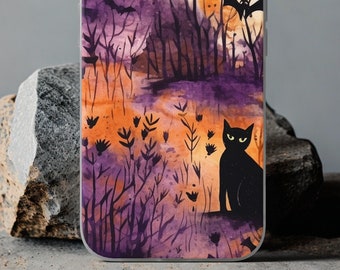 Halloween Phone Case, Spooky Black Cat and Bats Flexi Phone Case with Purple and Orange Design.