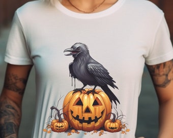 Halloween-Shirt mit einer Krähe auf einer Jacko-Laterne, Raben-Shirt, Krähengeschenke.