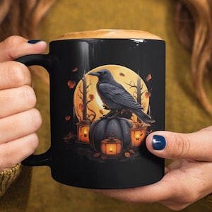 Bird Coffee Mug, Crow Mug, Raven Cup, Dark Academia, Spooky Cup, Black Pumpkin. image 1