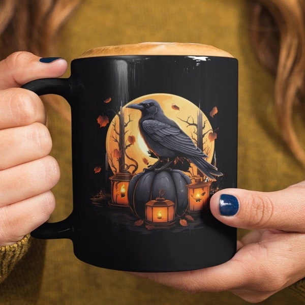 Bird Coffee Mug, Crow Mug, Raven Cup, Dark Academia, Spooky Cup, Black Pumpkin.