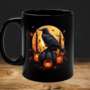 Bird Coffee Mug, Crow Mug, Raven Cup, Dark Academia, Spooky Cup, Black Pumpkin. image 4