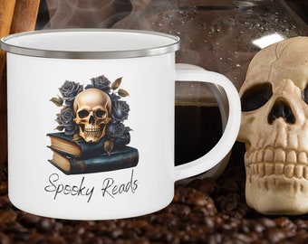 Skeleton Mug, Witchy Mug, Bookish Floral Skull, Halloween Enamel Camp Cup, Book Lover, Campfire Cup.