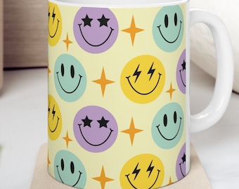 Dont Worry Be Happy, Retro Coffee Cup, Groovy Mug, Flower Power, Hippie Gift For Wife.