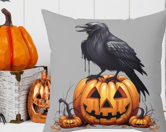 Halloween Kissen, Halloween Kissen, Schwarze Krähe thront auf Jack-o-Laterne, Gothic Couch Kissen, Vogelliebhaber.
