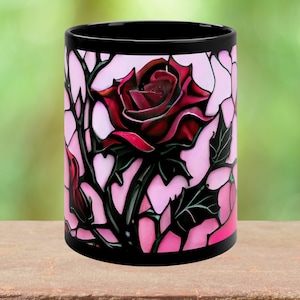 Stained Glass Mug, Stained Glass Print Rose, Flower Lover Tea Mug, Gift For her, Red Rose.