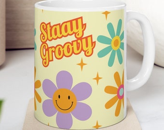 Dont Worry Be Happy, Retro Coffee Cup, Groovy Mug, Flower Power, Hippie Gift For Wife.