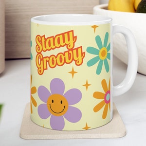 Dont Worry Be Happy, Retro Coffee Cup, Groovy Mug, Flower Power, Hippie Gift For Wife. image 1