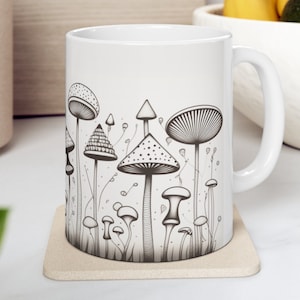 Mushroom Mug, Mushroom Cup, Cute Simple Ceramic Mug, Black and White Design.