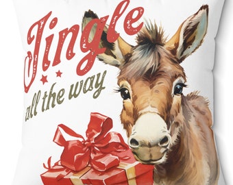 Home Decore, Jingle All The Way Donkey Christmas Spun Polyester Square Pillow.