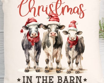 Home Decore, Christmas In The Barn Text, Cow Spun Polyester Square Pillow.