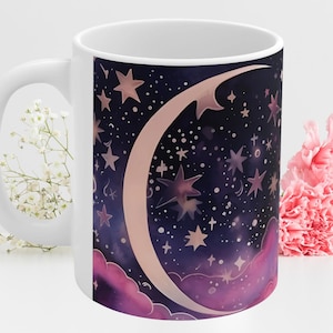 Witchy Tasse,Tasse,Galaxie,himmlisch 11 oz, Weltraum, Teeliebhaber, Universum, rosa Sterne und Mond.