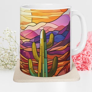 Cactus Mug, Stained Glass Cactus, Birthday Gift, Desert Vibes, Western Mug, Desert Coffee Cup.