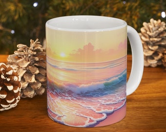 Yoga Mug, Beachy Decor, Friend Gift, Ocean Art, Ocean Sunrise, Beach Sunrise, Gift For Her