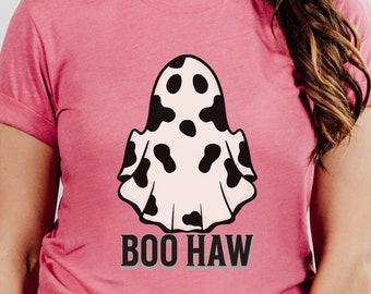 Active Wear, Halloween Cowboy, Cow Print T-shirt, Halloween Shirts With Boo Haw Text.