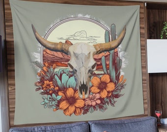 Floral Cow Skull, Boho Rustic Indoor Wall Tapestry, Western Themed.