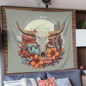Floral Cow Skull, Boho Rustic Indoor Wall Tapestry, Western Themed. image 1