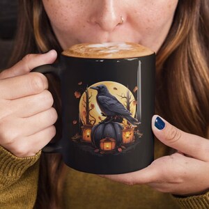 Bird Coffee Mug, Crow Mug, Raven Cup, Dark Academia, Spooky Cup, Black Pumpkin. image 3