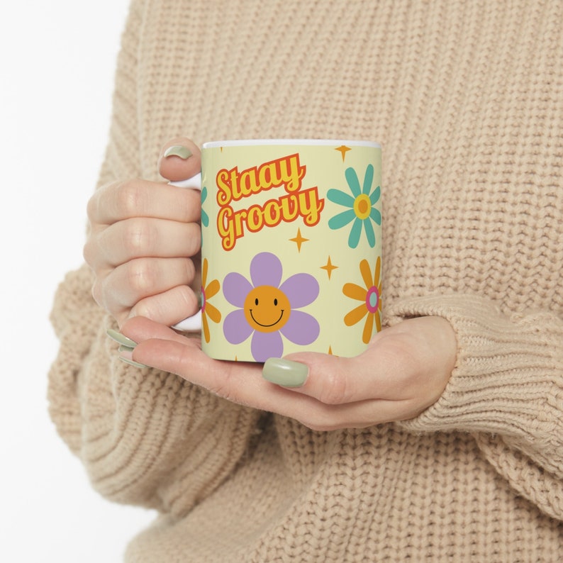 Dont Worry Be Happy, Retro Coffee Cup, Groovy Mug, Flower Power, Hippie Gift For Wife. image 3