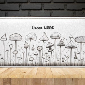 Cartera con diseño de setas - Monedero novedoso, estampado botánico en blanco y negro, regalo hippie, diseño único de crecimiento salvaje para amantes de la naturaleza