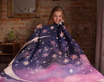Celestial Blanket, Celestial Moon, Pink And Navy Colored Velveteen Plush Blanket