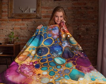 Yoga Blanket, Mandala and Alcohol Ink Design, Velveteen Plush Blanket, Snuggle Up In Our Cozy Blanket.