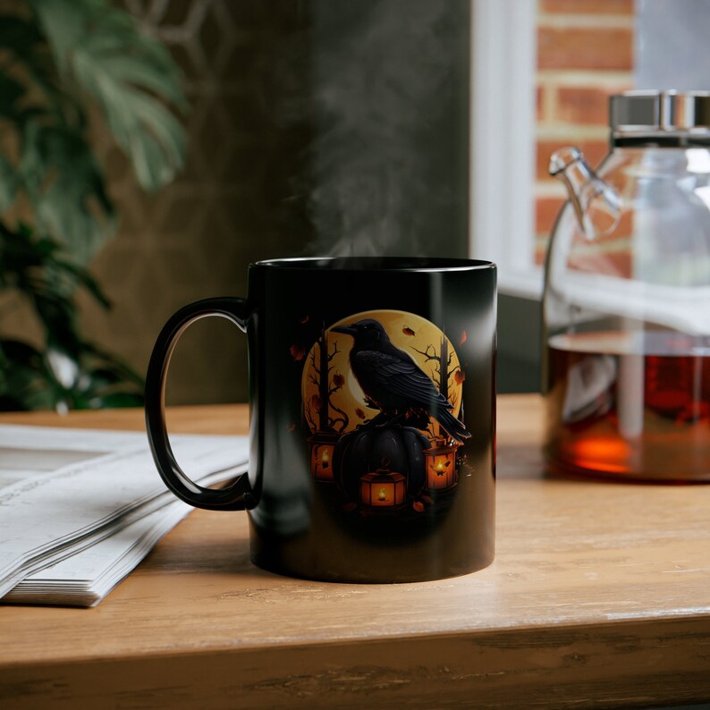 Bird Coffee Mug, Crow Mug, Raven Cup, Dark Academia, Spooky Cup, Black Pumpkin. image 9