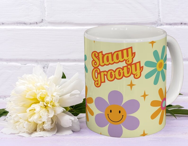 Dont Worry Be Happy, Retro Coffee Cup, Groovy Mug, Flower Power, Hippie Gift For Wife. image 2